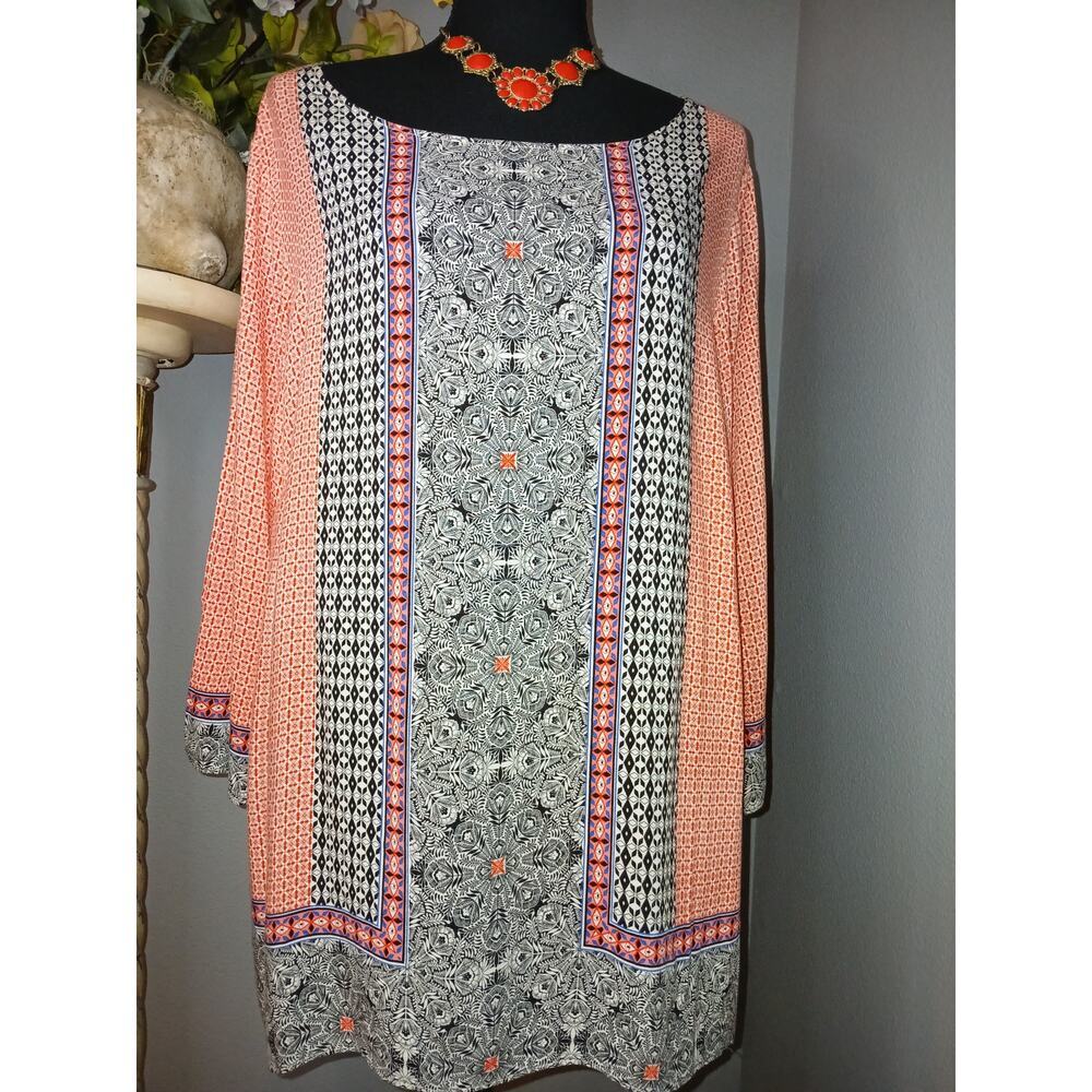 Rose Olive Shirt Dress Womens 1X Orange Black Slit Casual Long Sleeve Boat Neck